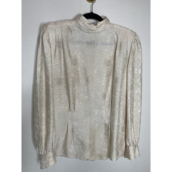 Vintage Cream High Neck Fitted Blouse Sz 4 Back Button - Picture 5 of 10